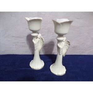 Elegant Ivory and Gold Glossy Christmas Mikasa Angel Tealight Holder Set of 2